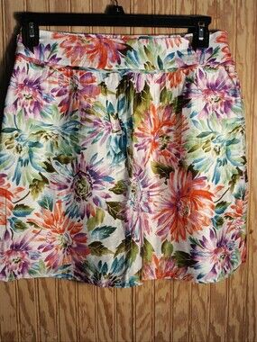 LOFT White Floral Skirt with Teal, Orange and Green Accents